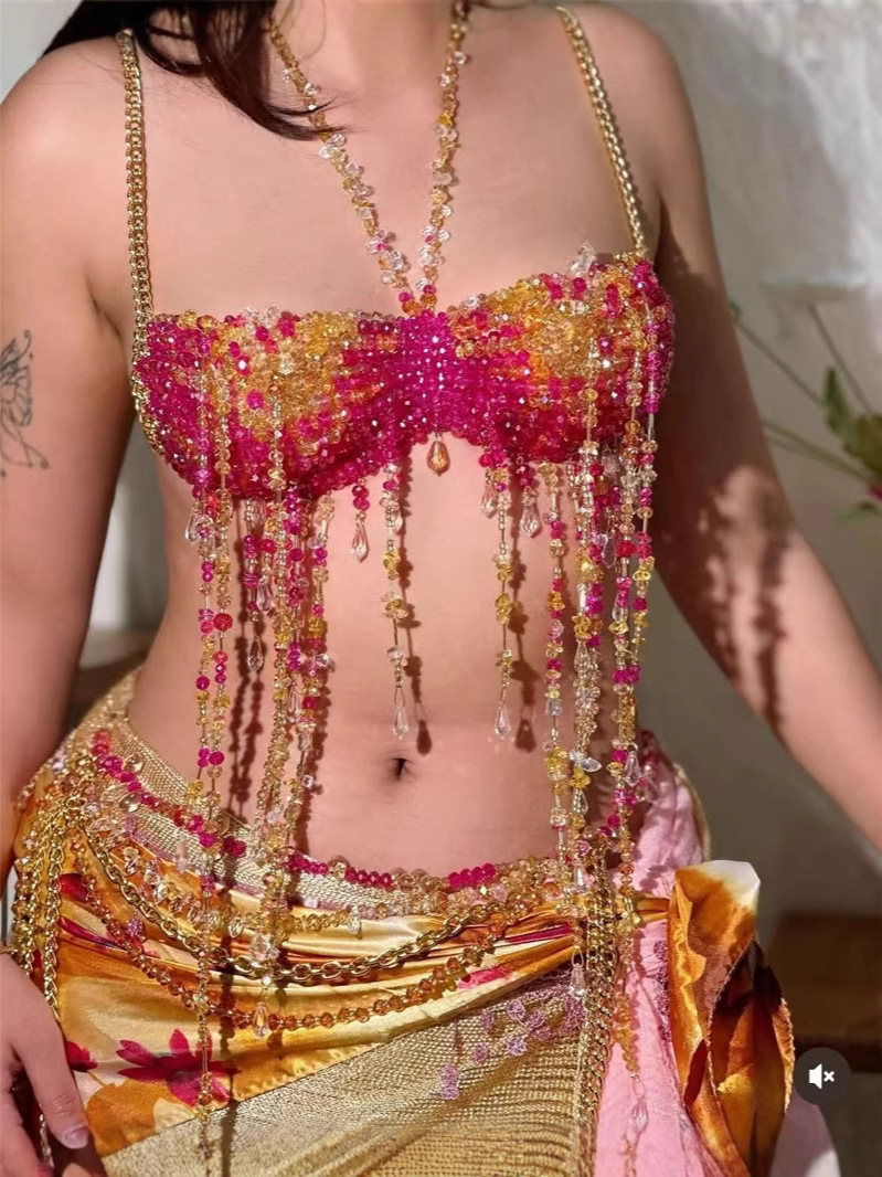 Body Jewelry Harness - Nowy, ręcznie robiony, kolorowy, zroszony frędzel,