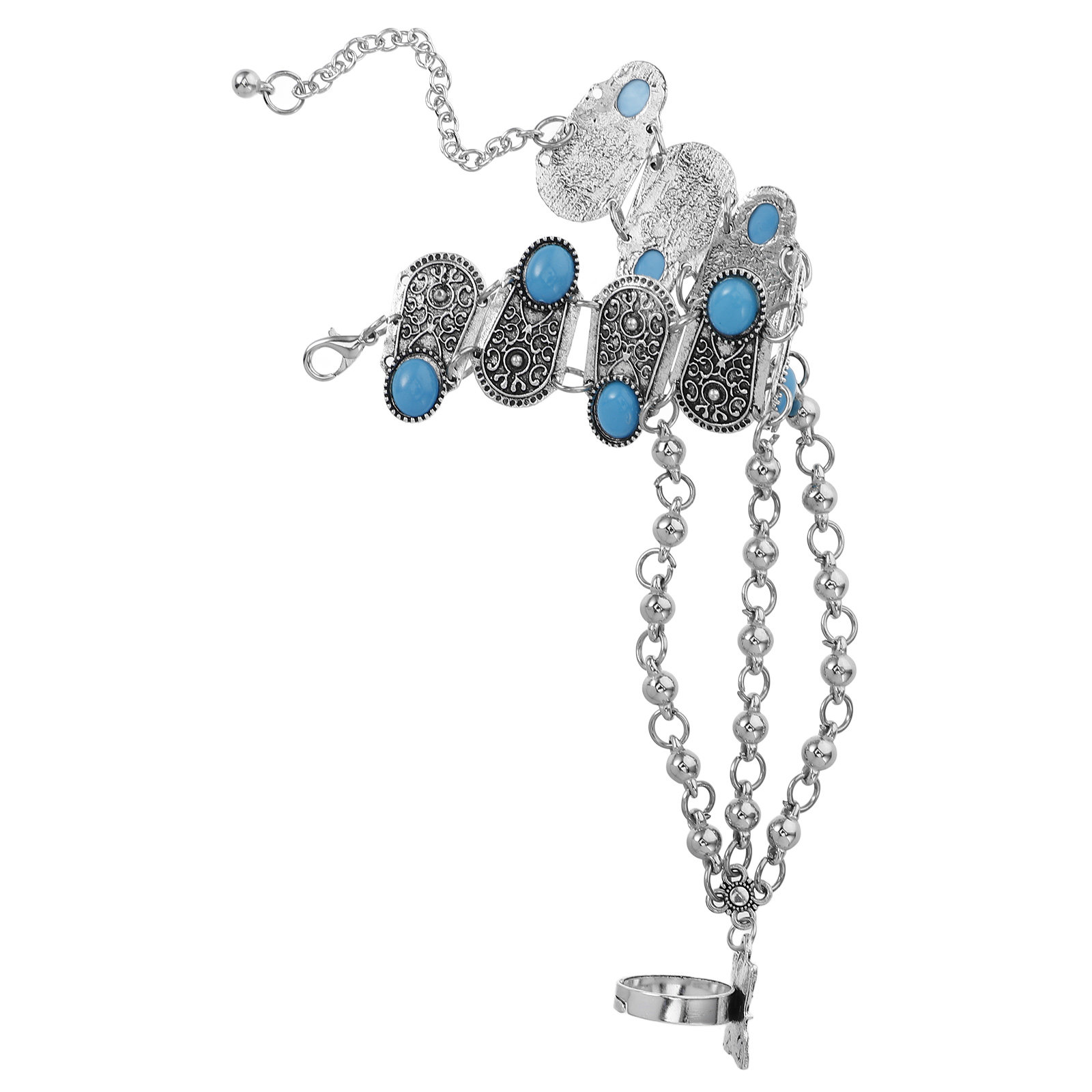 Body Jewelry Harness - Turkusowa bransoletka na dłoń, pierścionek na