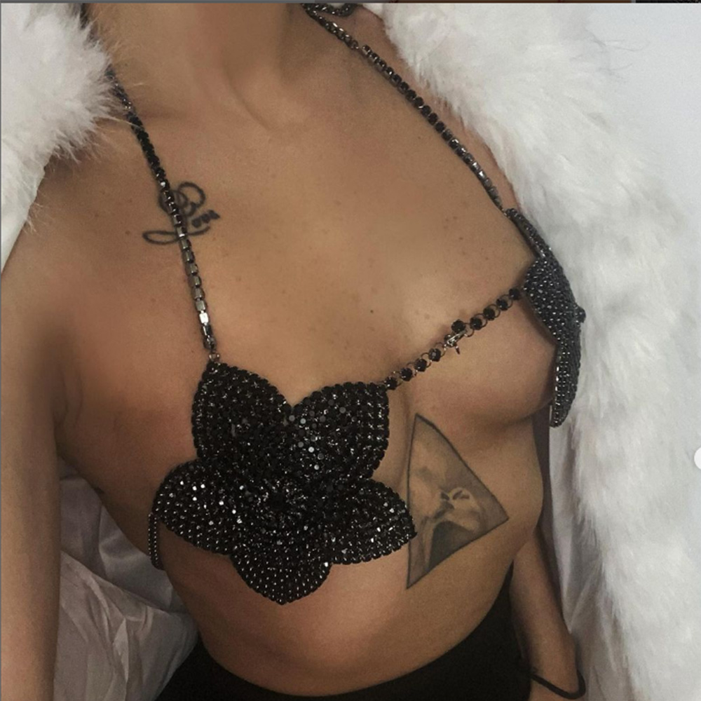 Body Jewelry Harness - Biustonosz z czarnym kryształowym kwiatem biustonosz